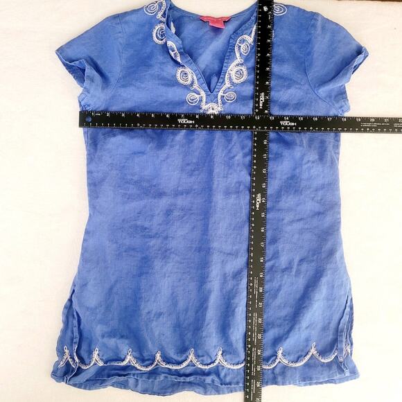 Sunny Leigh Sz S Blue Linen Top Mediterranean Vacation Travel Resort Lightweight - Picture 6 of 8